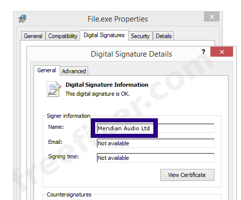 Screenshot of the Meridian Audio Ltd certificate